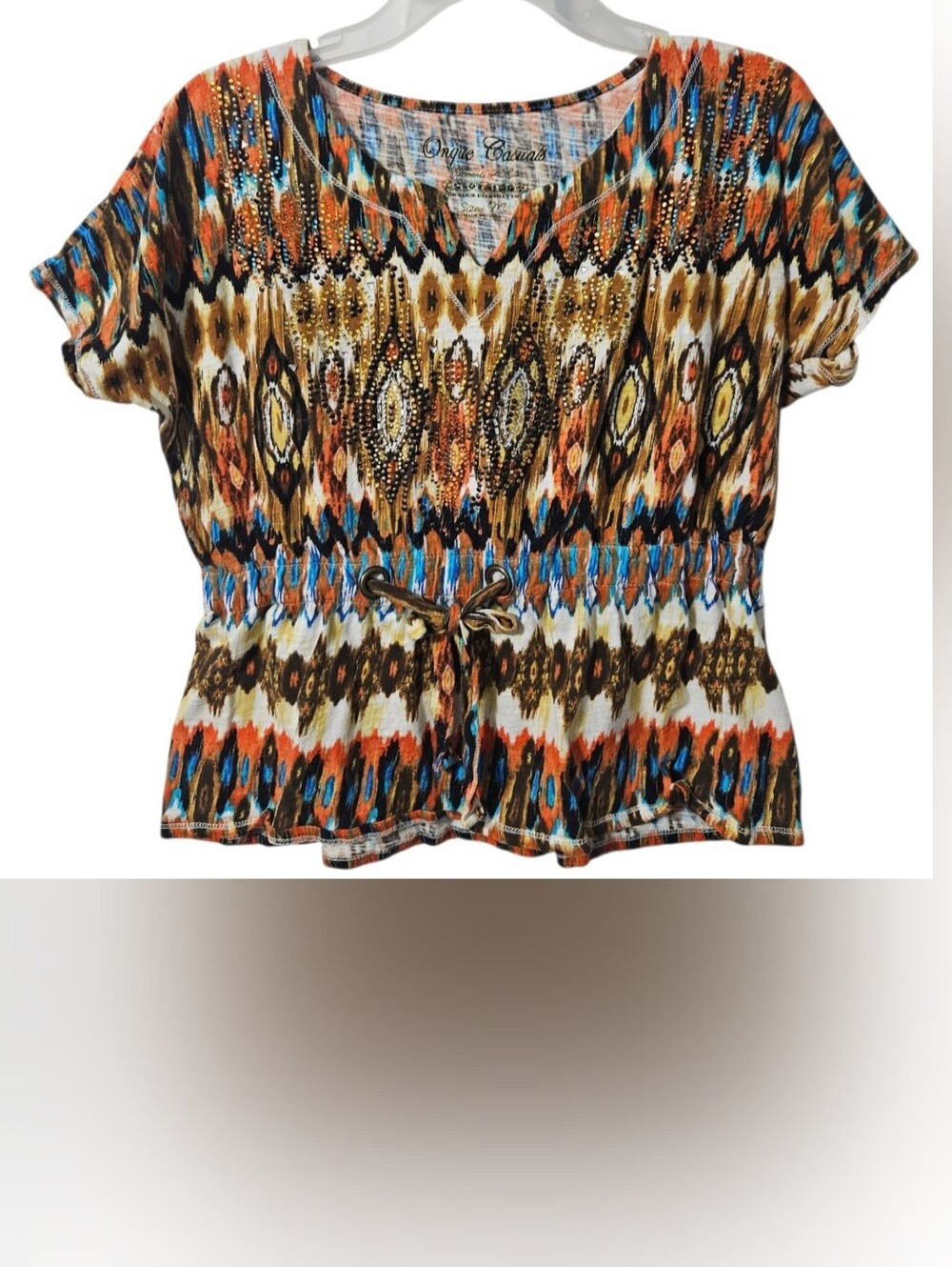Onque Casuals Size M Drawstring Waist, Short Sleeve, V-neck, Emblishments